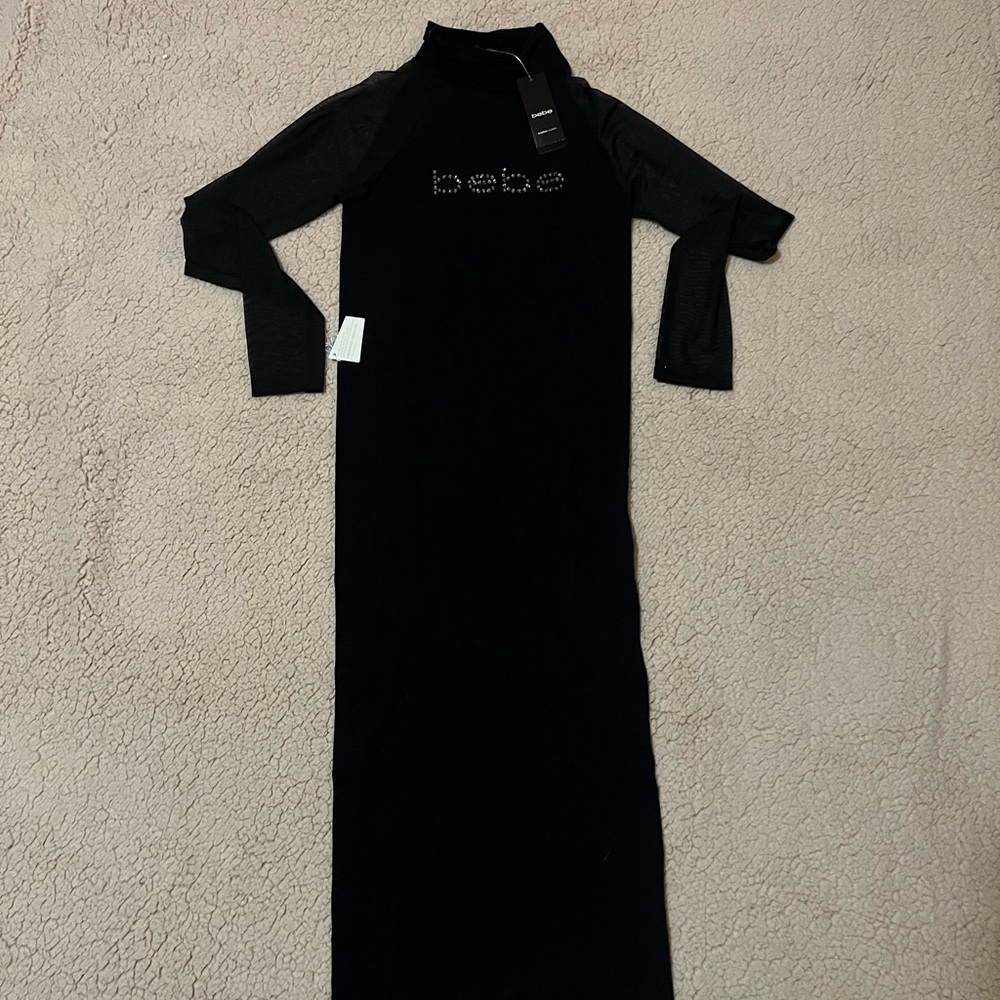 🖤 New BEBE Black Midi Bodycon Sheer Sleeve Dress🖤